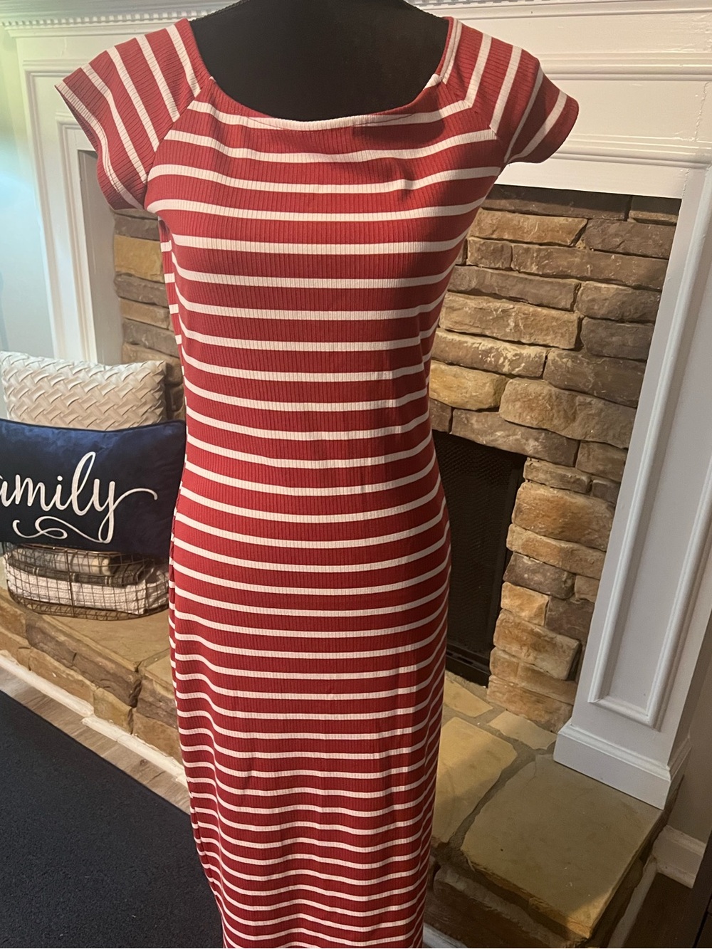 Women’s Red and White Striped Knit Midi Dress